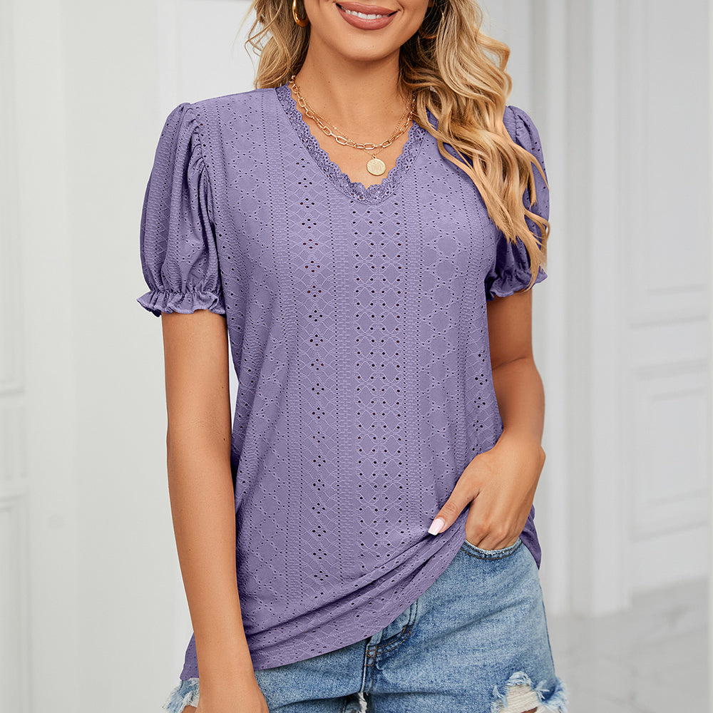 Eyelet V-Neck Short Sleeve Top