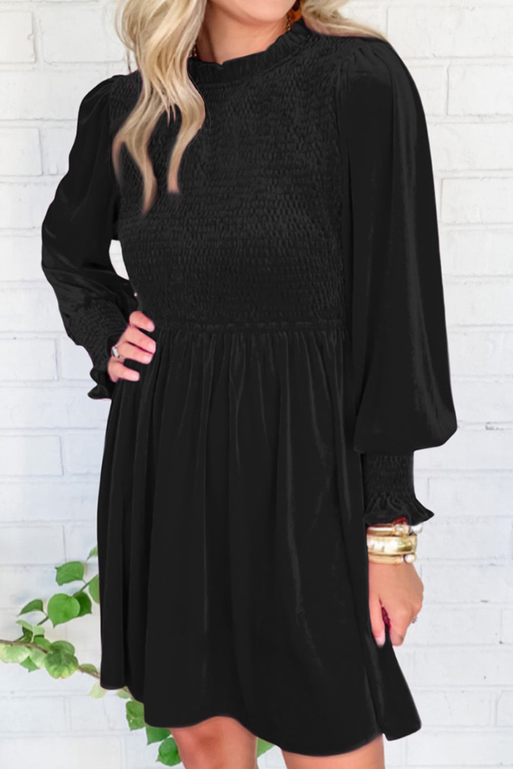 Smocked Round Neck Long Sleeve Dress - Guy Christopher 