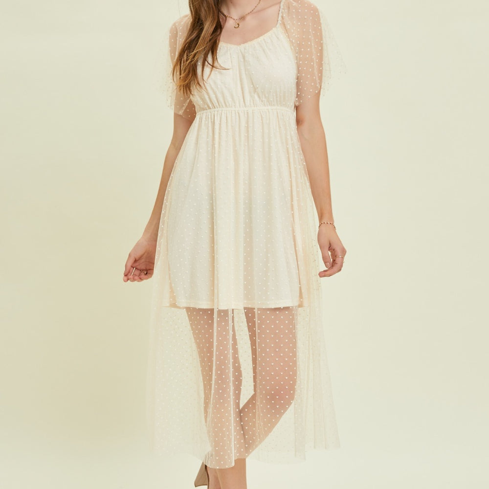 HEYSON  Heart Mesh Flare Sleeve Midi Dress