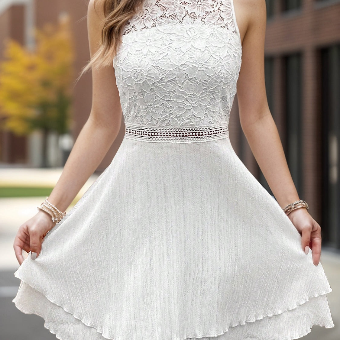 Lace Detail Mock Neck Sleeveless Mini Dress