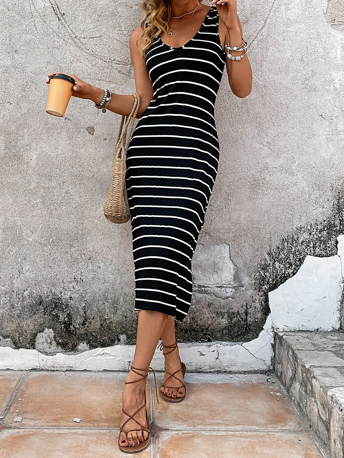 Striped Side Slit Sleeveless Midi Dress - Guy Christopher 