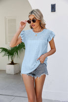 Smocked Round Neck Flutter Sleeve Top - Guy Christopher 