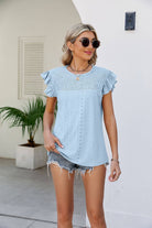 Smocked Round Neck Flutter Sleeve Top - Guy Christopher 