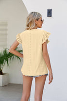 Smocked Round Neck Flutter Sleeve Top - Guy Christopher 