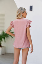 Smocked Round Neck Flutter Sleeve Top - Guy Christopher 