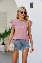 Smocked Round Neck Flutter Sleeve Top - Guy Christopher 