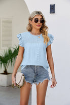 Smocked Round Neck Flutter Sleeve Top - Guy Christopher 