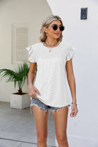 Smocked Round Neck Flutter Sleeve Top - Guy Christopher 