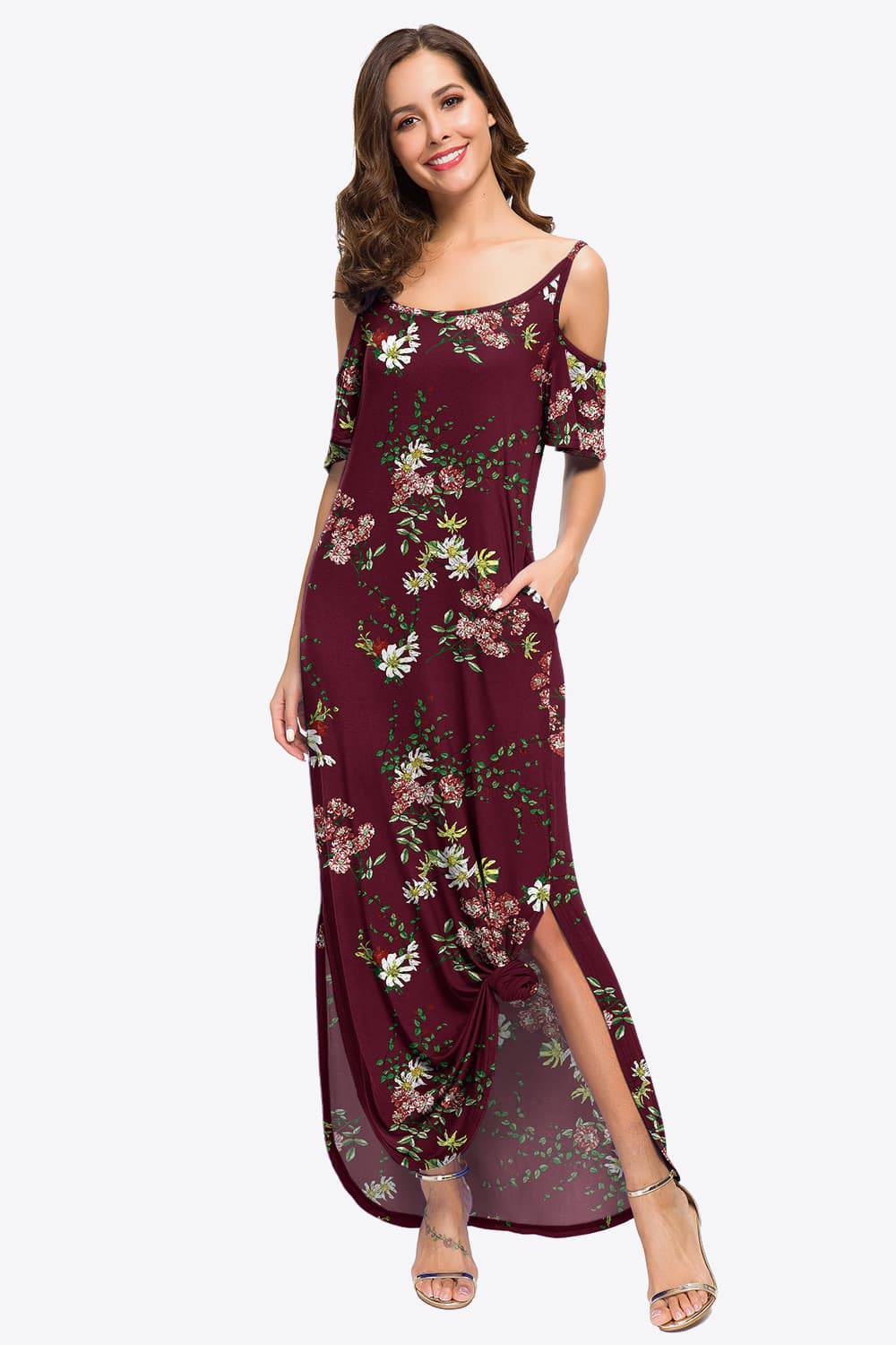 Slit Scoop Neck Cold-Shoulder Maxi Dress - Guy Christopher 