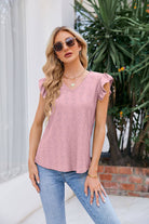 V-Neck Flutter Sleeve Eyelet Top - Guy Christopher 