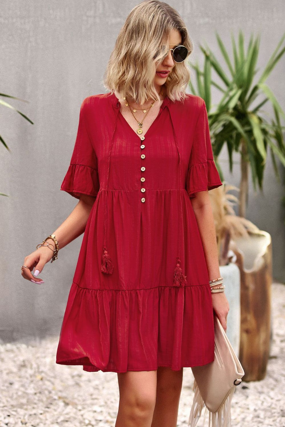 Tie Neck Buttoned Flounce Sleeve Dress - Guy Christopher 