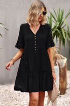 Tie Neck Buttoned Flounce Sleeve Dress - Guy Christopher 