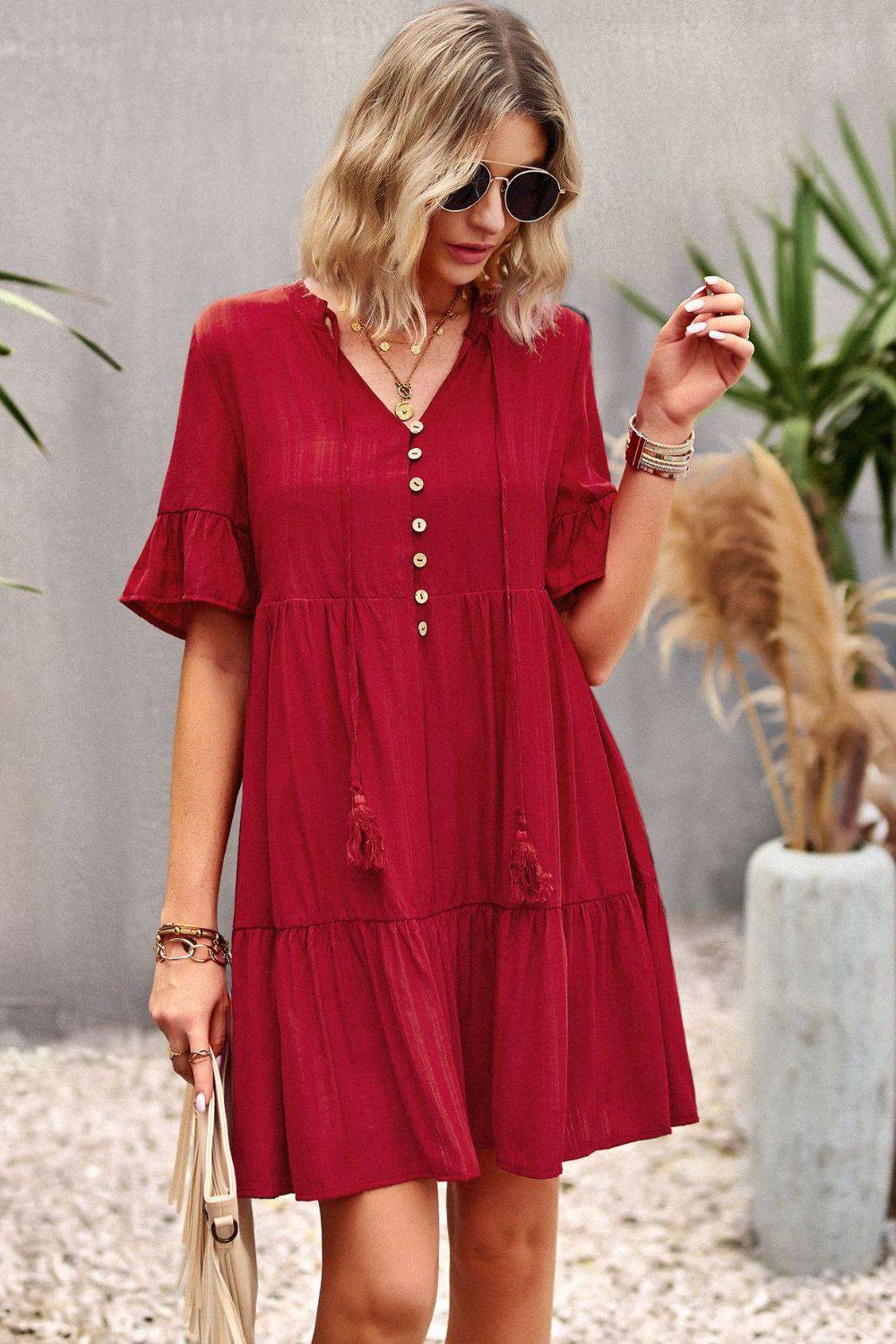 Tie Neck Buttoned Flounce Sleeve Dress - Guy Christopher 