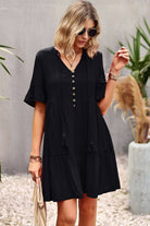 Tie Neck Buttoned Flounce Sleeve Dress - Guy Christopher 