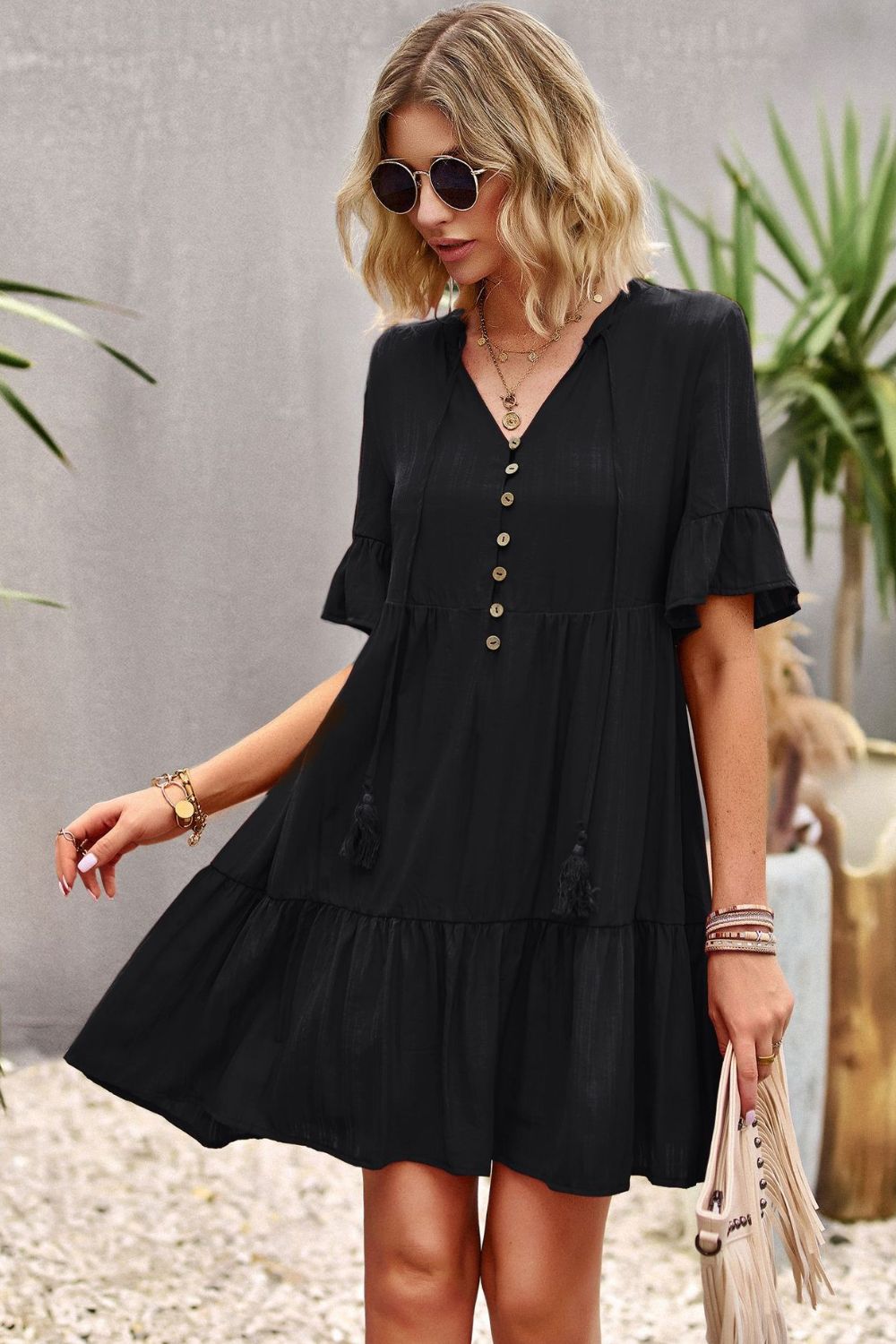 Tie Neck Buttoned Flounce Sleeve Dress - Guy Christopher 