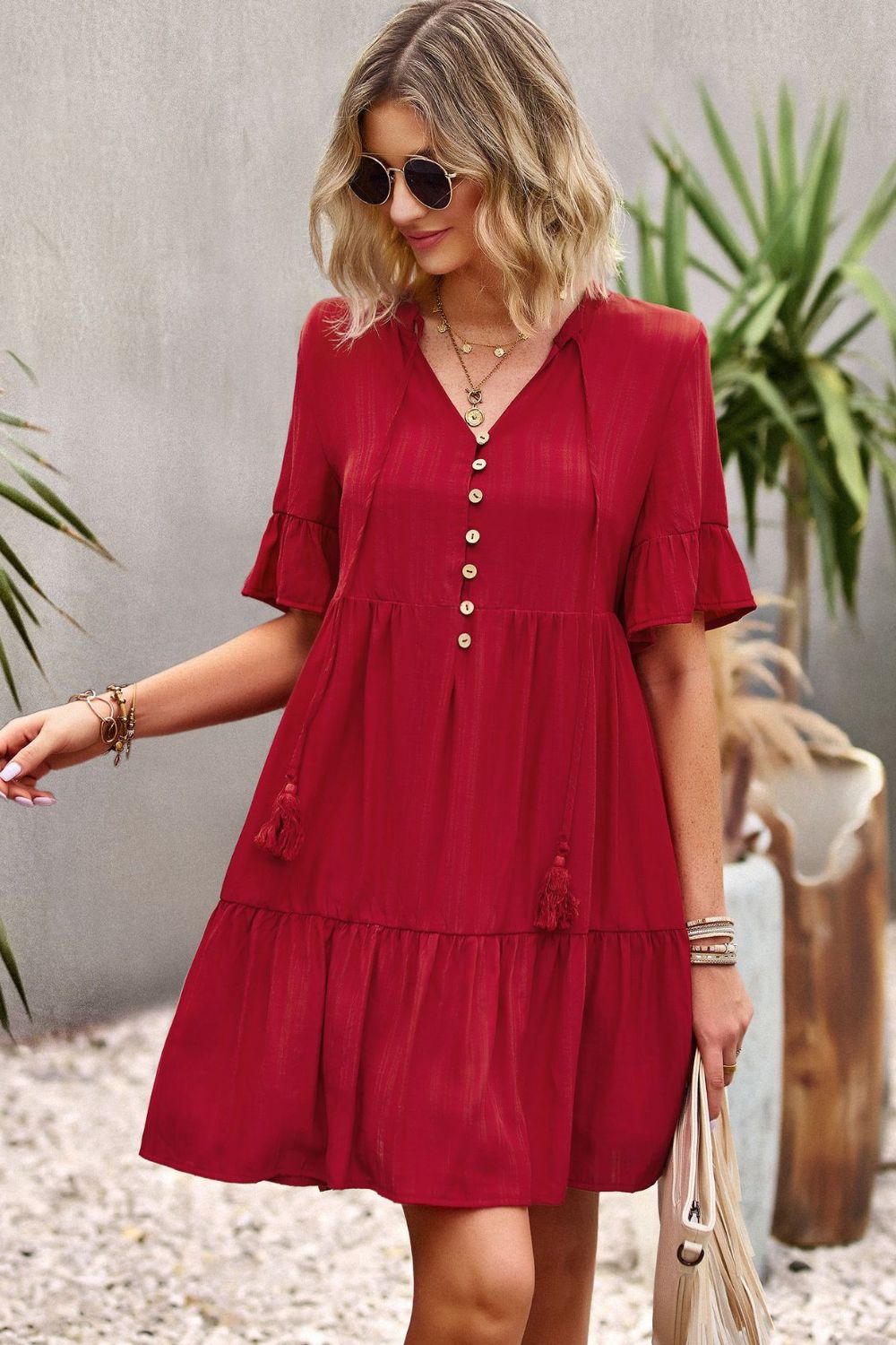 Tie Neck Buttoned Flounce Sleeve Dress - Guy Christopher 