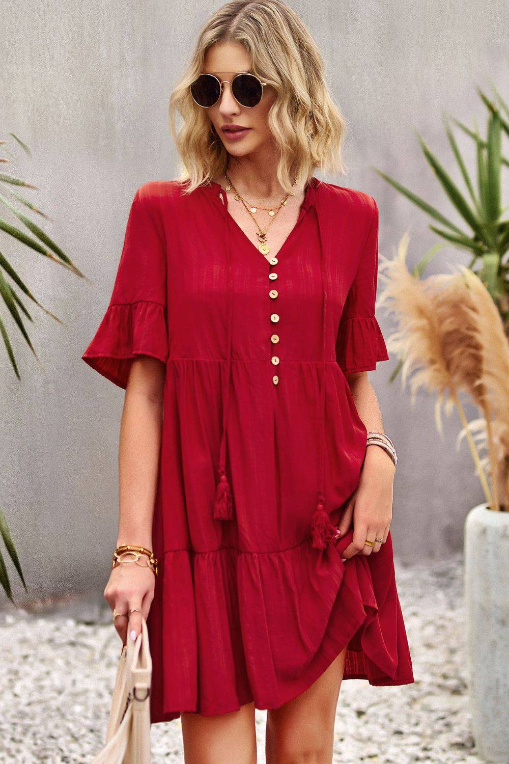 Tie Neck Buttoned Flounce Sleeve Dress - Guy Christopher 