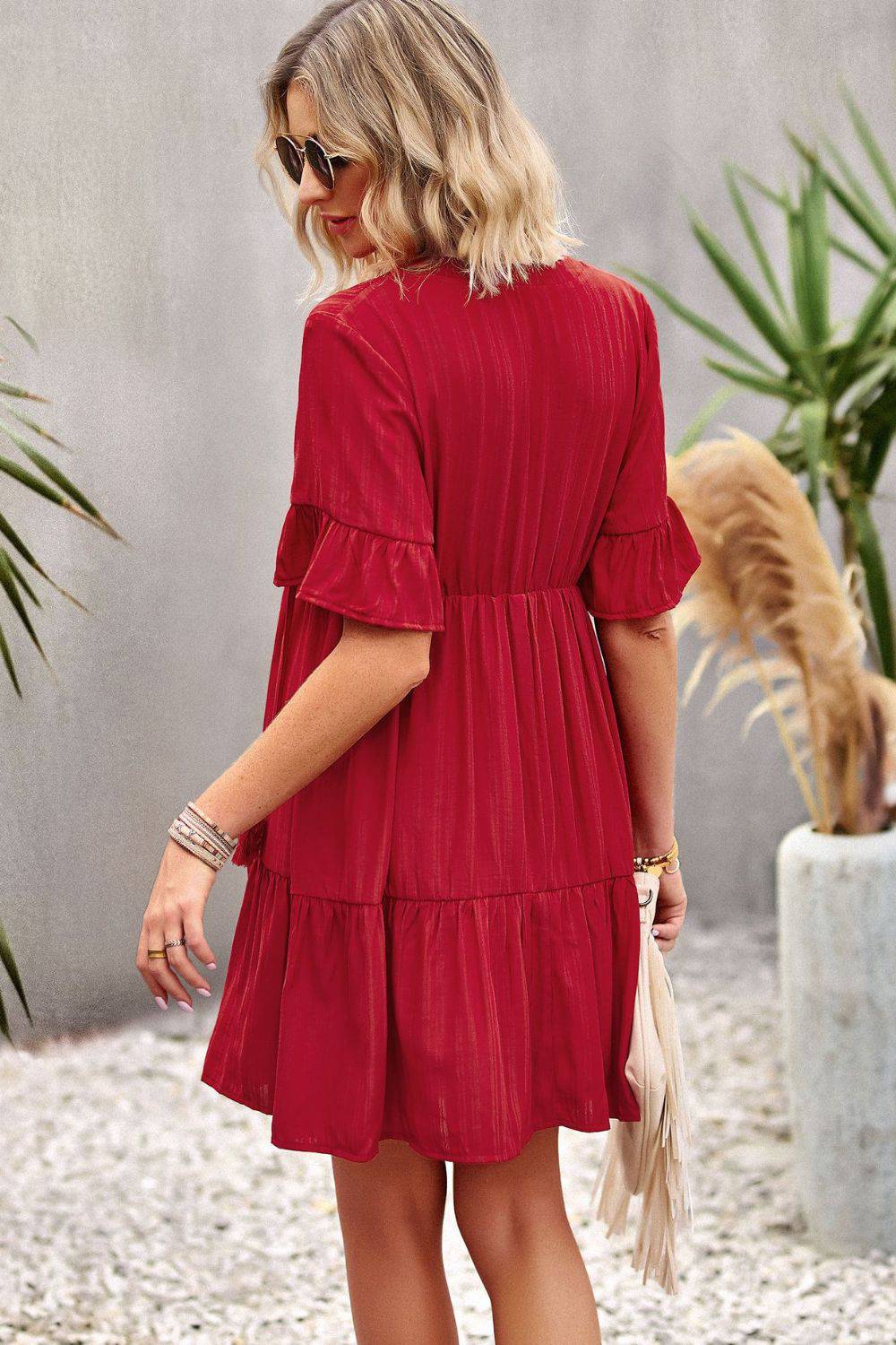 Tie Neck Buttoned Flounce Sleeve Dress - Guy Christopher 