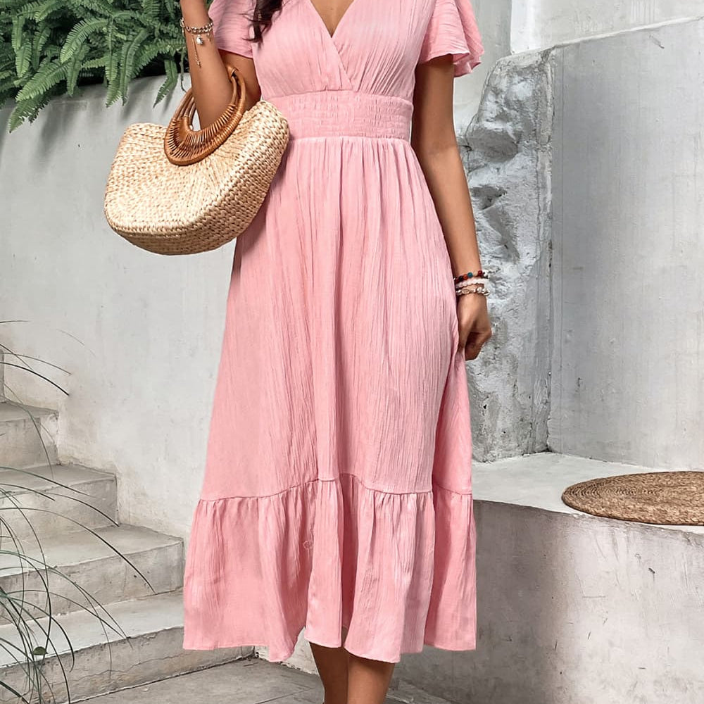 Surplice Neck Smocked Waist Flutter Sleeve Dress - Guy Christopher 