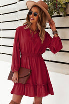 Tie Neck Smocked Waist Ruffle Hem Dress - Guy Christopher 