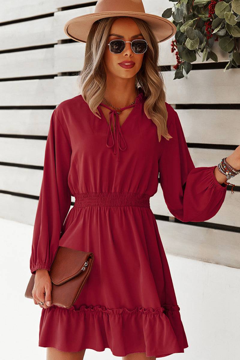 Tie Neck Smocked Waist Ruffle Hem Dress - Guy Christopher 