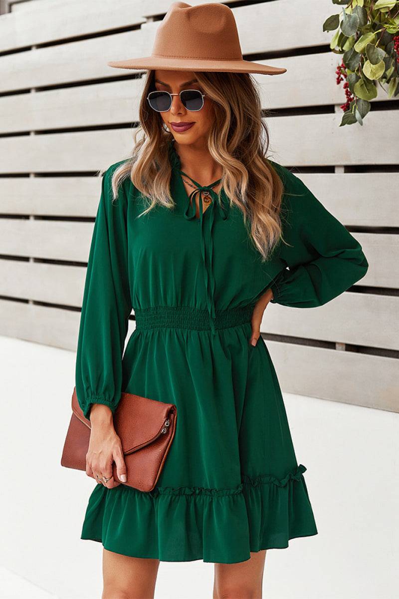 Tie Neck Smocked Waist Ruffle Hem Dress - Guy Christopher 