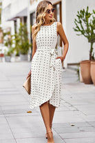 Swiss Dot Tie Belt Sleeveless Dress - Guy Christopher 