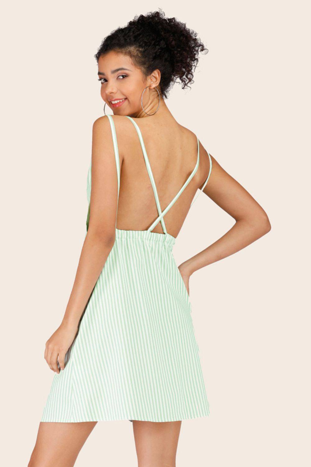 Striped Crisscross Deep V Sleeveless Dress - Guy Christopher 