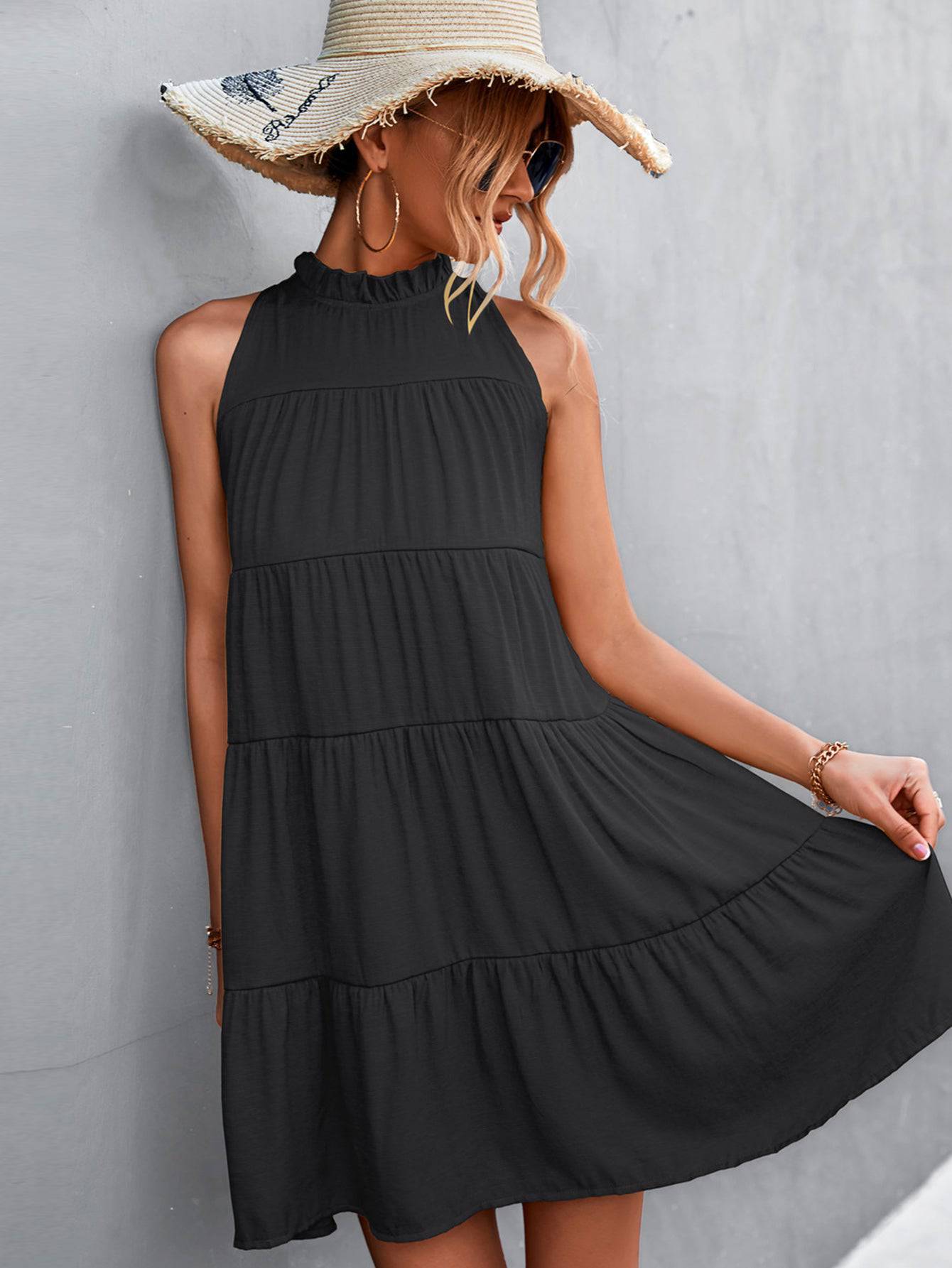 Tie Back Mock Neck Tiered Dress - Guy Christopher 