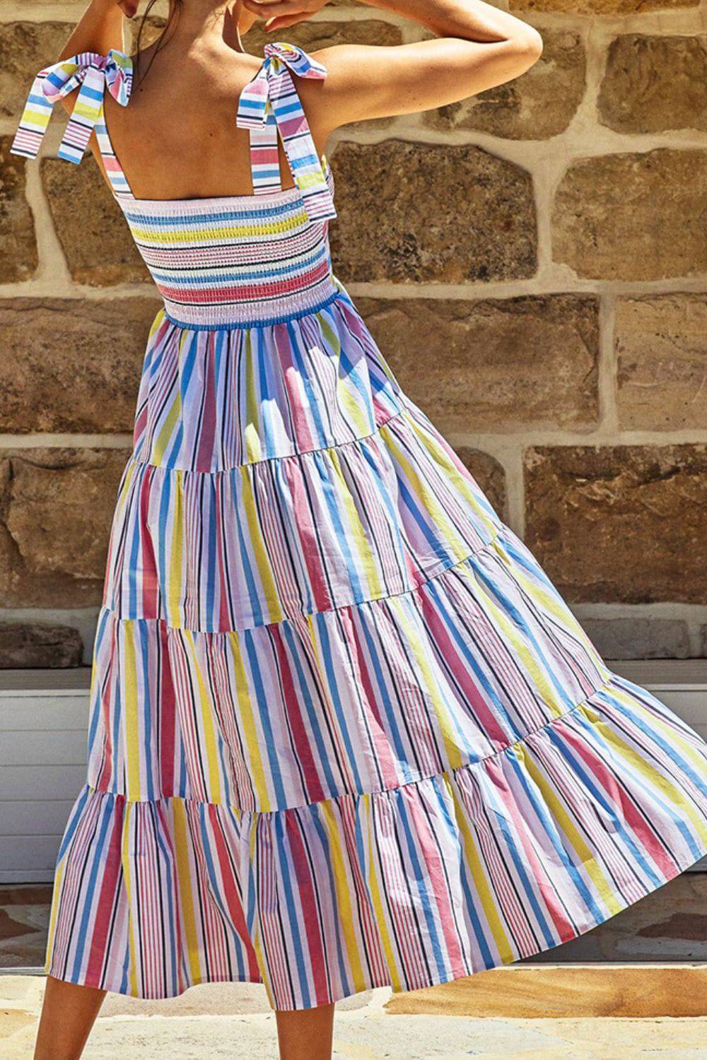 Striped Tie-Shoulder Smocked Tiered Dress - Guy Christopher 