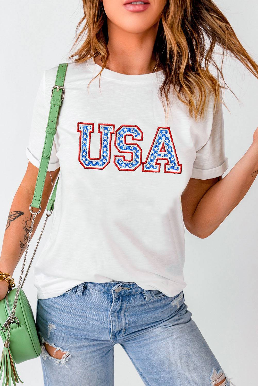USA Graphic Embroidered Round Neck T-Shirt - Unleash Your Inner Goddess with this Fashion-Forward Statement Piece. - Guy Christopher 