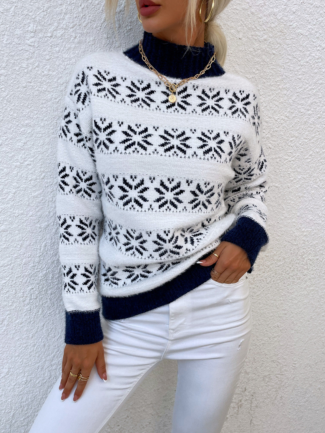 Snowflake Pattern Mock Neck Sweater - Guy Christopher 