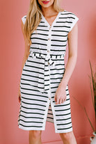 Striped Button Front Tie Waist Dress - Guy Christopher 