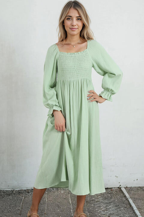 Smocked Flounce Sleeve Square Neck Dress - Guy Christopher 