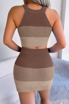 Color Block Sleeveless Crop Knit Top and Skirt Set - Guy Christopher 