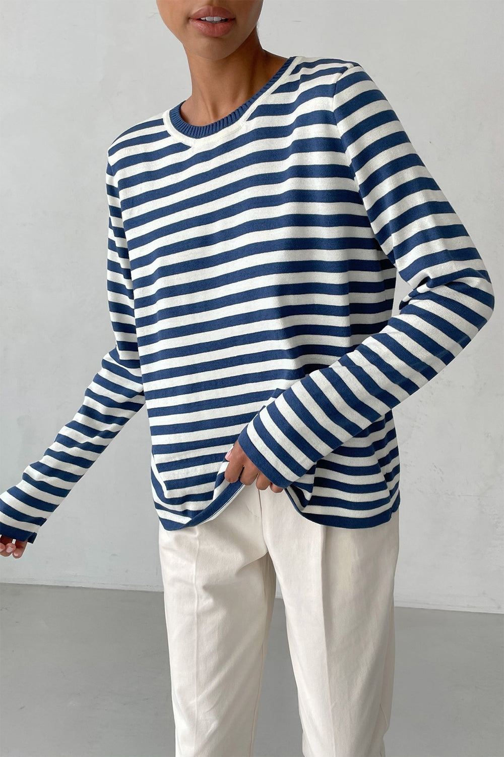 Striped Round Neck Long Sleeve Sweater - Guy Christopher 