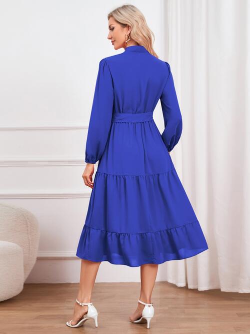 Tie Neck Long Sleeve Tiered Dress - Guy Christopher 