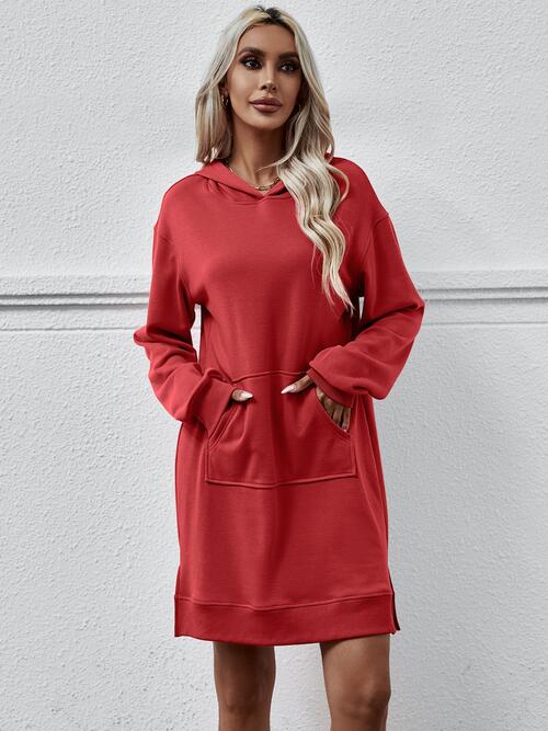 Slit Long Sleeve Hooded Dress with Pocket - Guy Christopher 