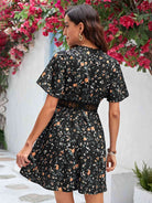 V Neck Flare Sleeve Floral Mini Dress - Guy Christopher 