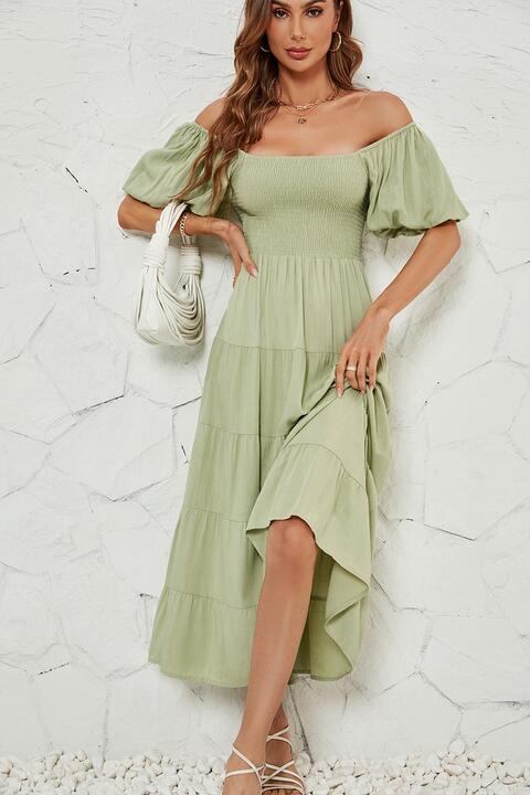 Smocked Square Neck Tiered Dress - Guy Christopher 