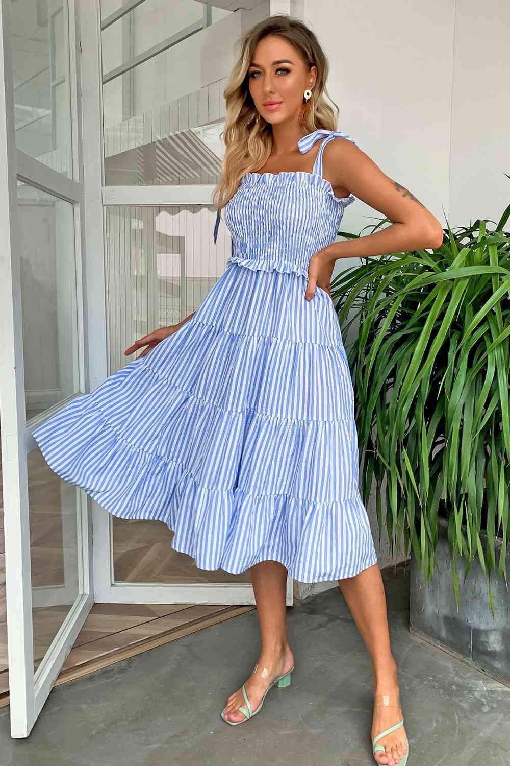 Striped Tie-Shoulder Tiered Dress - Guy Christopher 