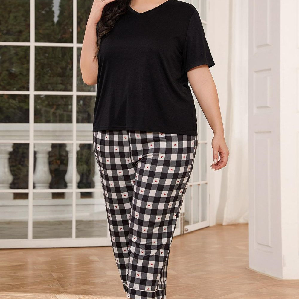 V-Neck Tee and Plaid Cropped Pants Lounge Set - Guy Christopher 