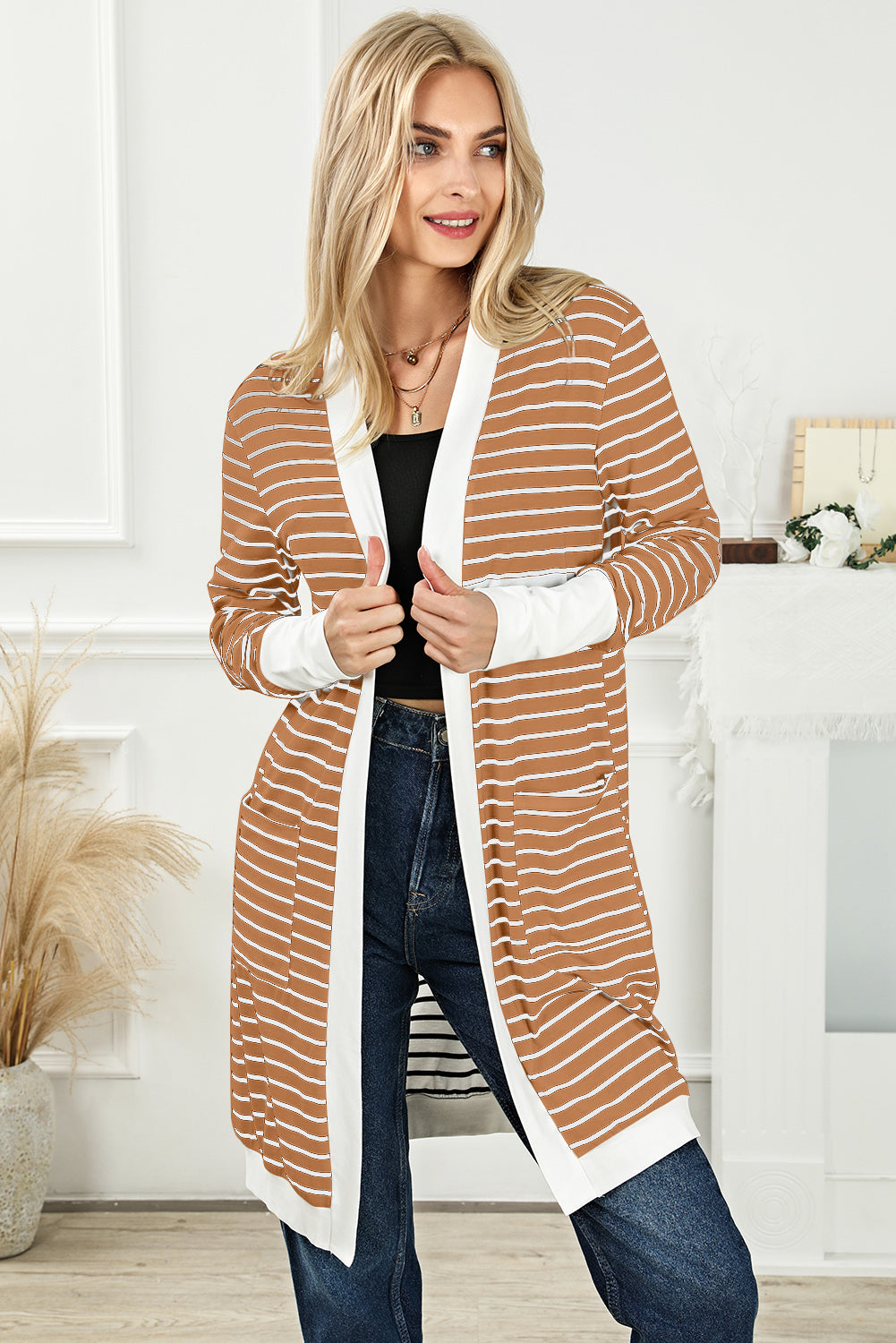 Striped Open Front Longline Cardigan - Guy Christopher 