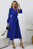 V-Neck Long Sleeve Tie Waist Midi Dress - Guy Christopher 