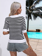 Striped Johnny Collar Half Sleeve Knit Top - Guy Christopher 