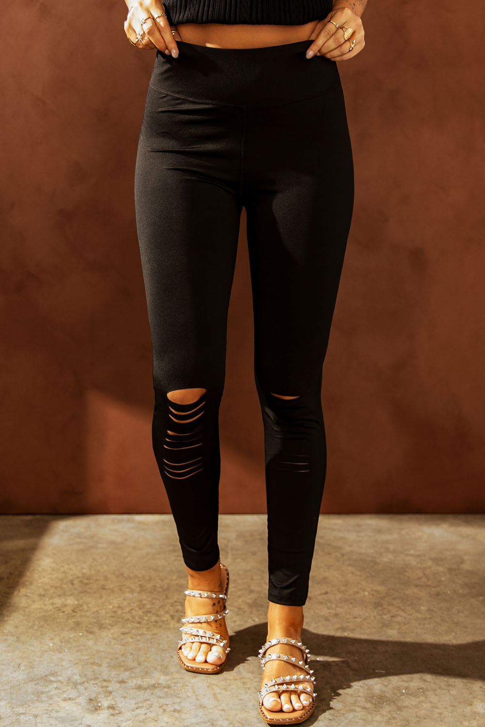 Wide Waistband Distressed Slim Fit Leggings - Guy Christopher 