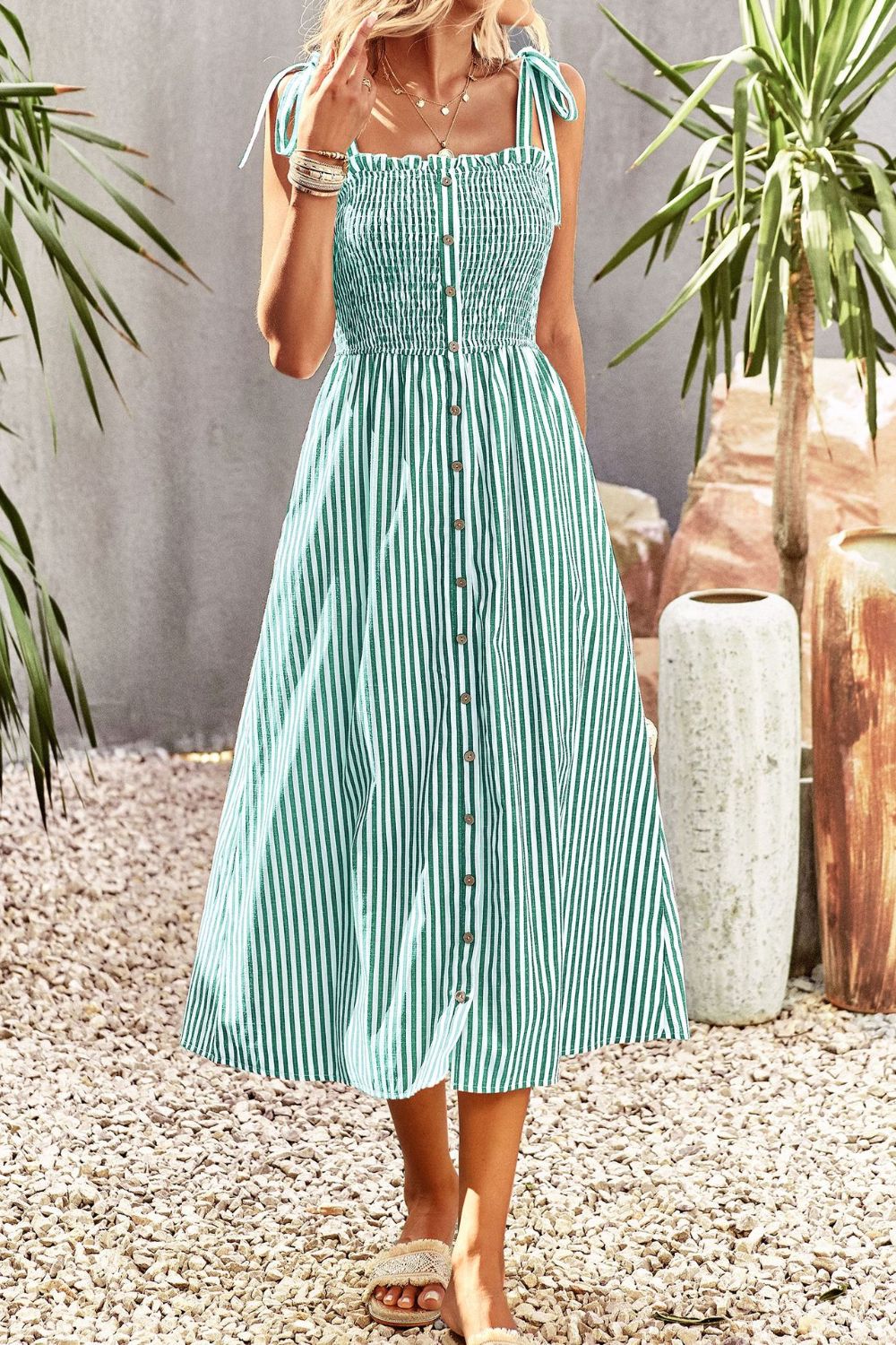 Smocked Tie Strap Sleeveless Striped Midi Dress - Guy Christopher 