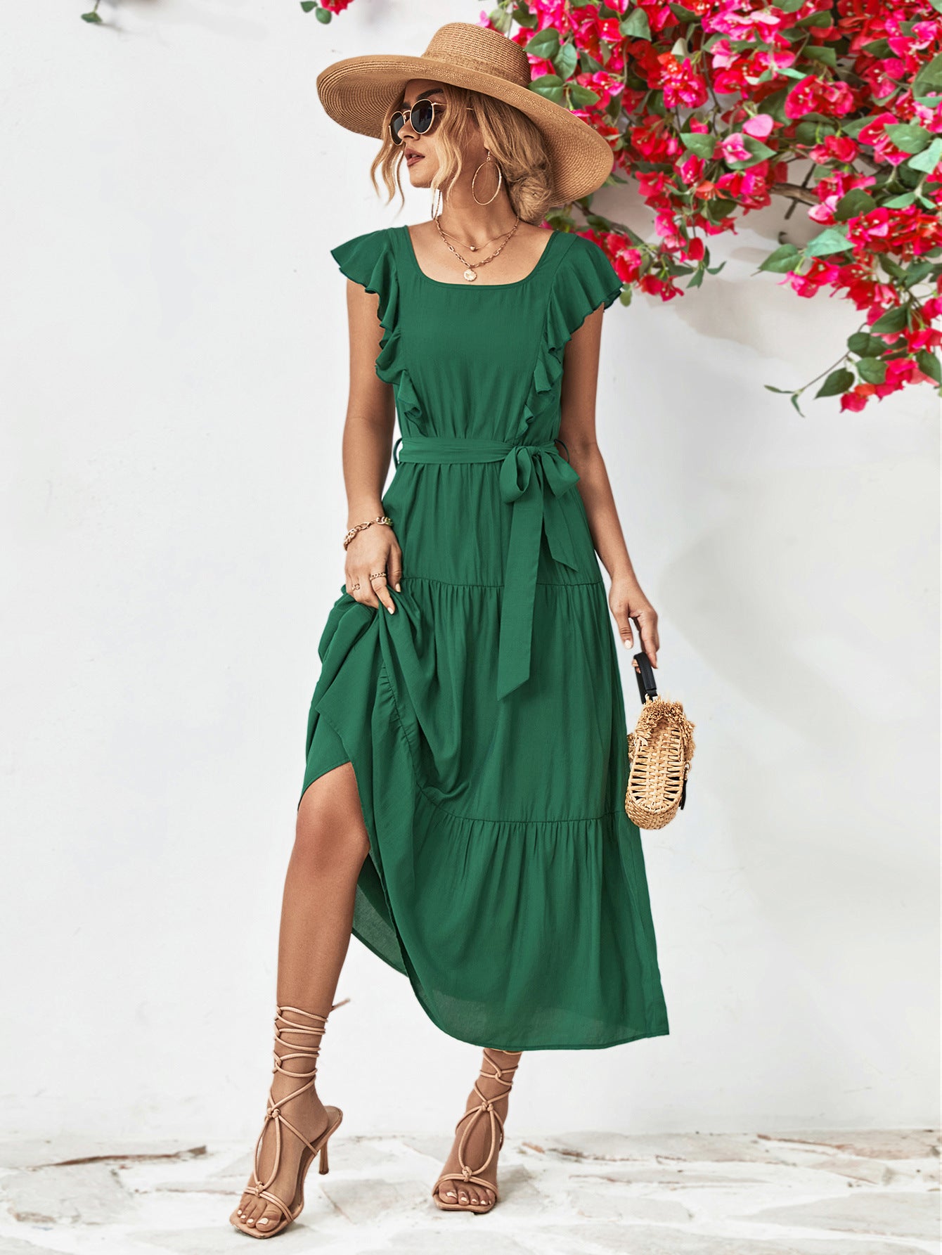 Tie Belt Ruffled Tiered Dress - Guy Christopher 