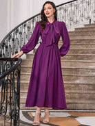 Tie-Neck Balloon Sleeve Dress - Guy Christopher 