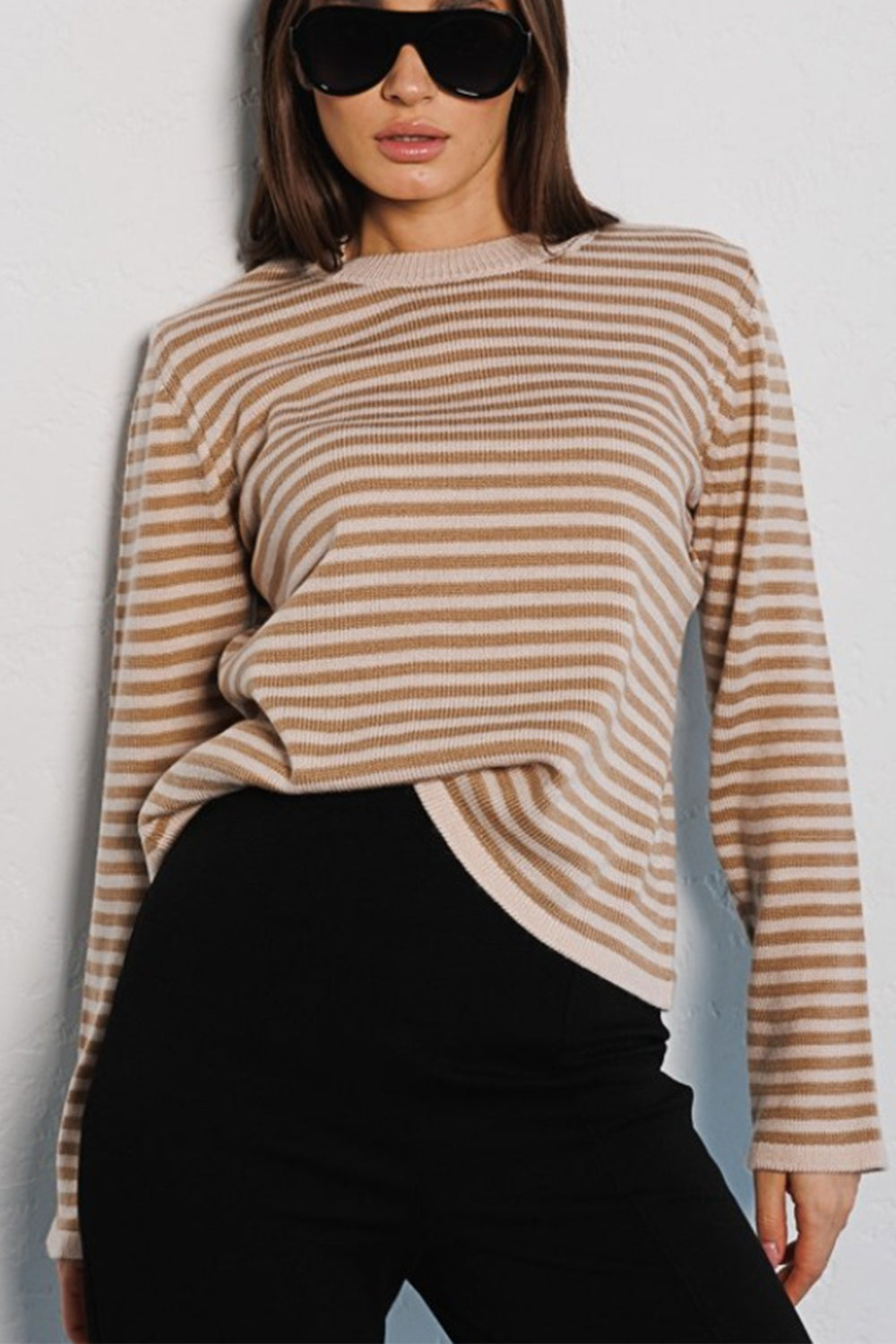 Striped Round Neck Long Sleeve Sweater - Guy Christopher 